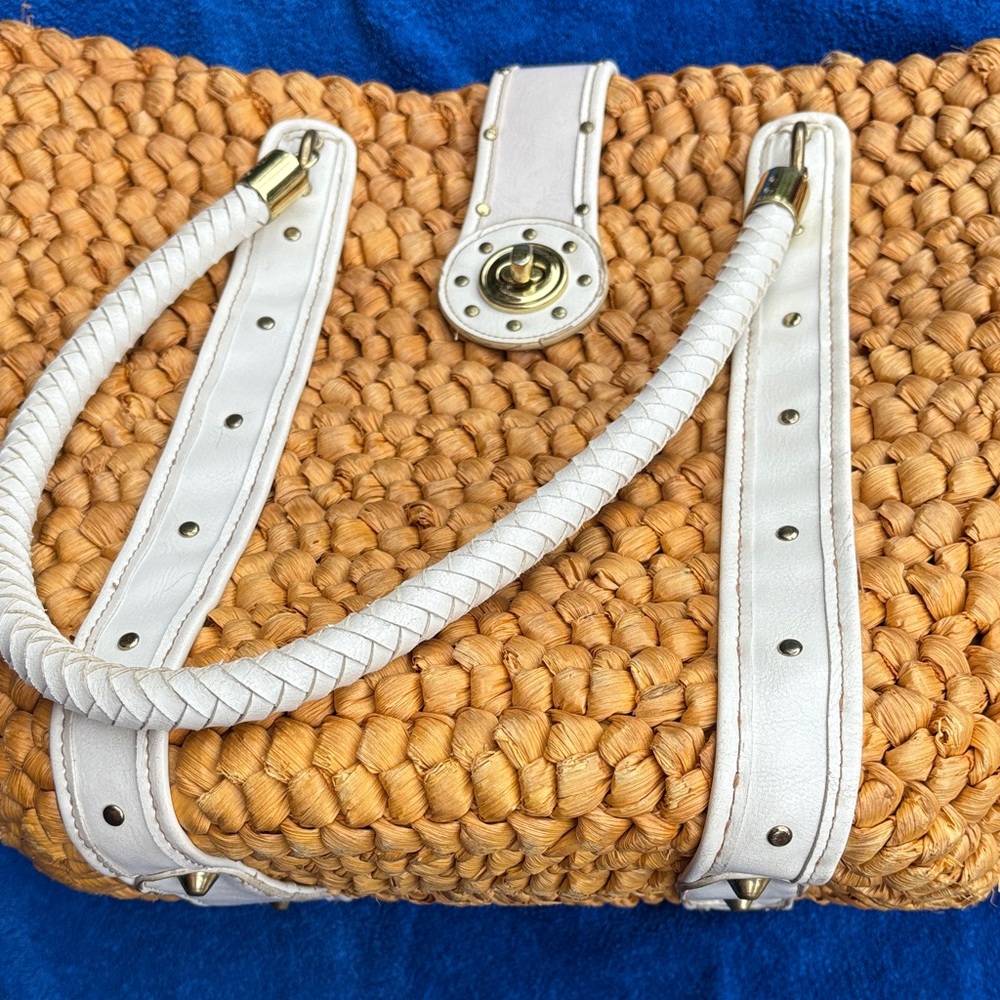 Tan and White Woven Shoulder Bag with Adjustable Straps